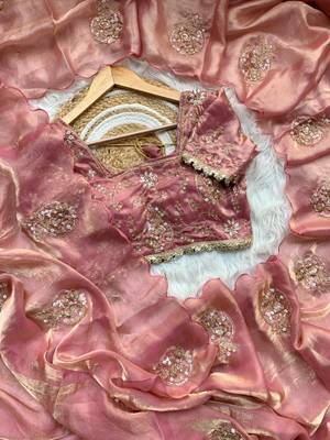Peach Color embroidery beats work art silk saree 3