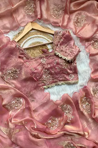 Peach Color embroidery beats work art silk saree