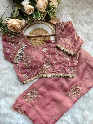 Peach Color embroidery beats work art silk saree 4