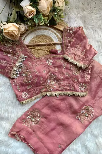 Peach Color embroidery beats work art silk saree