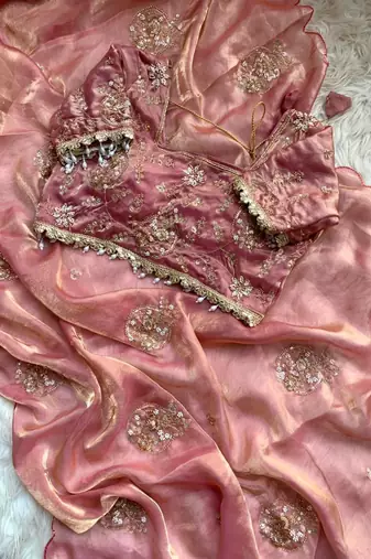Peach Color embroidery beats work art silk saree