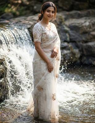 White Color embroidery beats work art silk saree 1