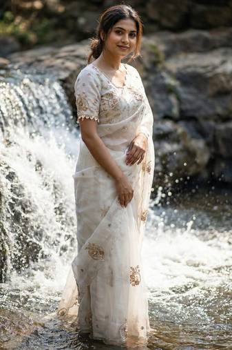 White Color embroidery beats work Silk Saree