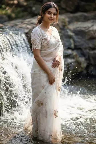 White Color embroidery beats work Silk Saree