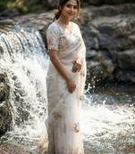 White Color embroidery beats work Silk Saree