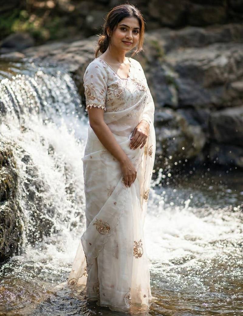 White Color embroidery beats work Silk Saree