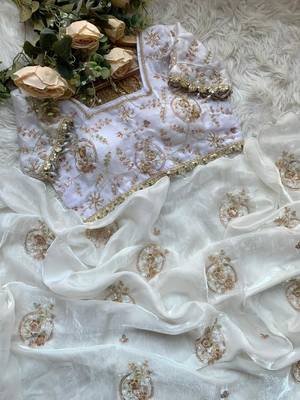 White Color embroidery beats work art silk saree 2