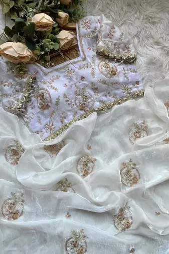 White Color embroidery beats work art silk saree