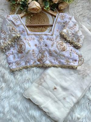 White Color embroidery beats work art silk saree 3