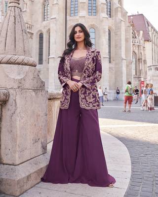 Elegant wine indo-western palazzo set for wedding wear 1