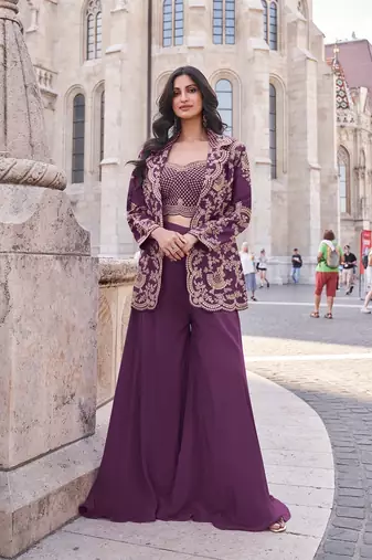 Elegant wine indo-western palazzo set for wedding wear