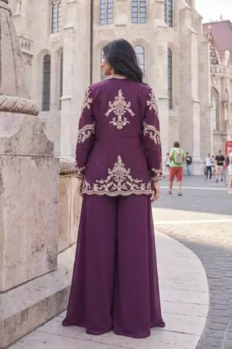 Elegant wine indo-western palazzo set for wedding wear