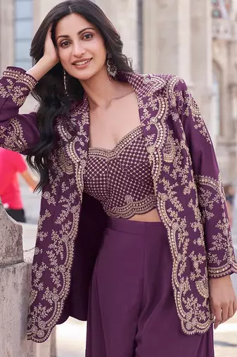 Elegant wine indo-western palazzo set for wedding wear