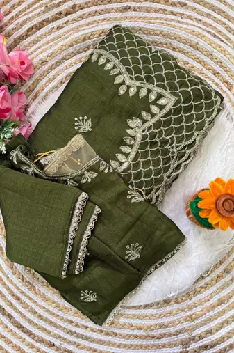 Mehndi Green Color  zari thread and sequins embroidery Silk Saree