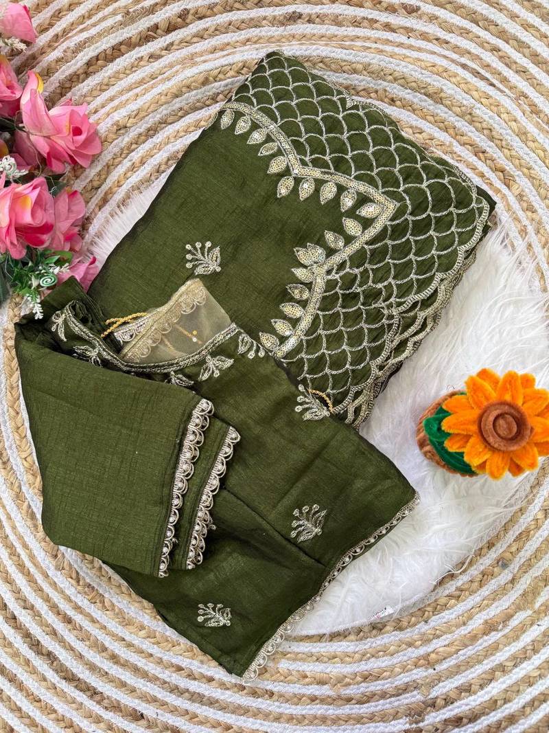 Mehndi Green Color  zari thread and sequins embroidery Silk Saree