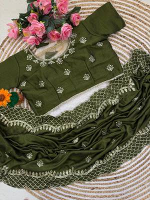Mehndi Green Color  zari thread and sequins embroidery art silk saree 2
