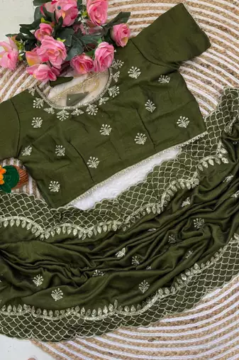Mehndi Green Color  zari thread and sequins embroidery art silk saree