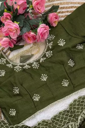 Mehndi Green Color  zari thread and sequins embroidery art silk saree