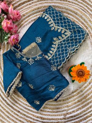 Peacock Blue Color  zari thread and sequins embroidery art silk saree 1