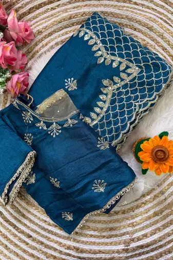 Peacock Blue Color  zari thread and sequins embroidery Silk Saree