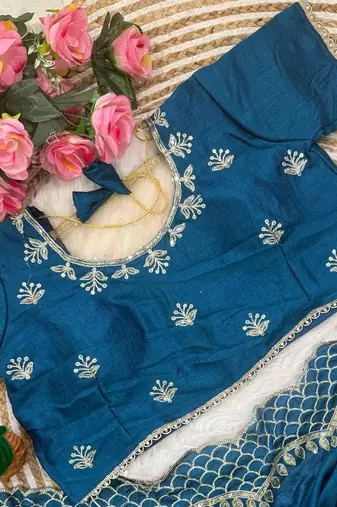 Peacock Blue Color  zari thread and sequins embroidery art silk saree