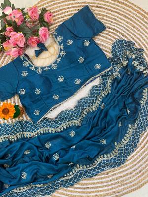 Peacock Blue Color  zari thread and sequins embroidery art silk saree 3