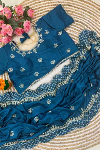 Peacock Blue Color  zari thread and sequins embroidery art silk saree