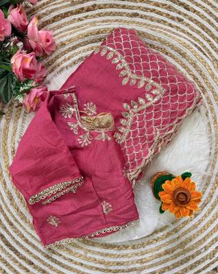 Pink Color  zari thread and sequins embroidery art silk saree 1