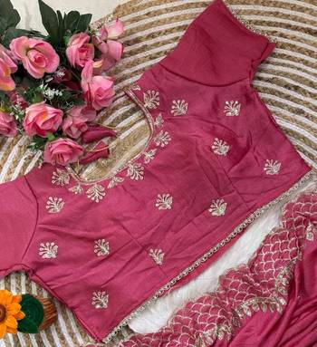 Pink Color  zari thread and sequins embroidery art silk saree 2