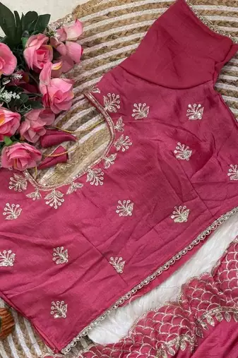 Pink Color  zari thread and sequins embroidery art silk saree