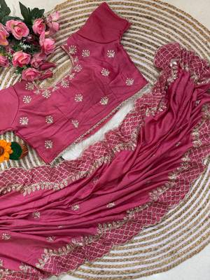Pink Color  zari thread and sequins embroidery art silk saree 3