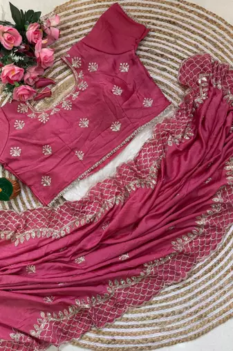 Pink Color  zari thread and sequins embroidery art silk saree