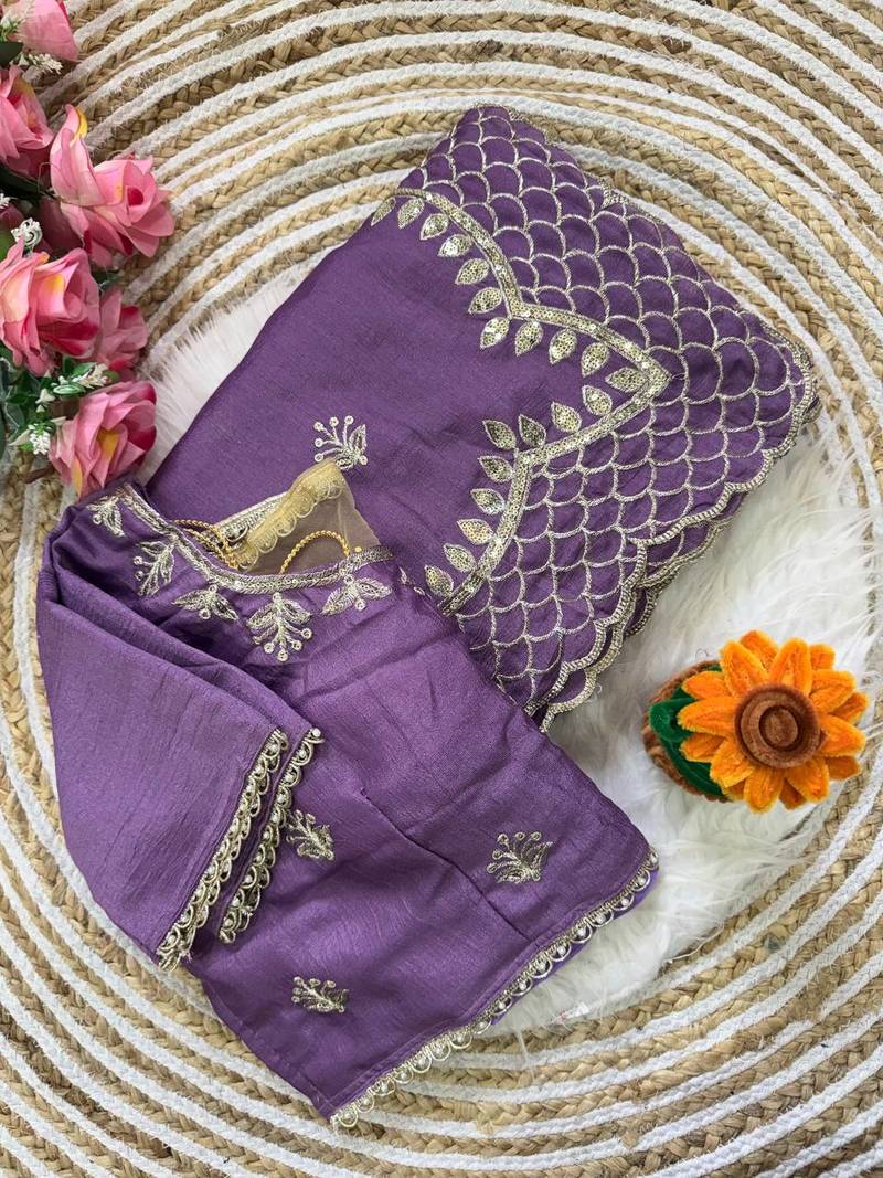 Purple Color  zari thread and sequins embroidery Silk Saree