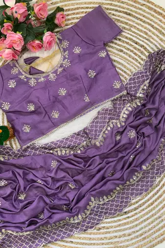Purple Color  zari thread and sequins embroidery art silk saree