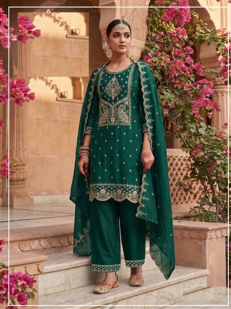 Teal crush heavy embroidery semi stitched suits