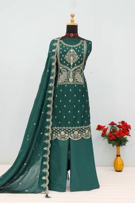 Teal crush heavy embroidery semi stitched suits 3