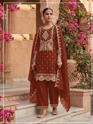 Red crush heavy embroidery semi stitched suits 3