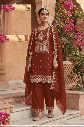 Red crush heavy embroidery semi stitched suits