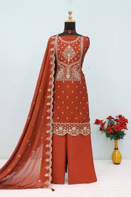 Red crush heavy embroidery semi stitched suits 1