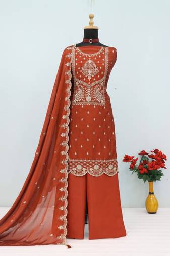 Red crush heavy embroidery semi stitched suits