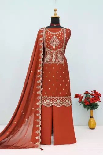 Red crush heavy embroidery semi stitched suits