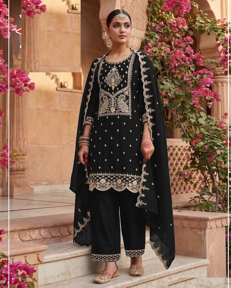 Black crush georgette semi stitched wedding suits