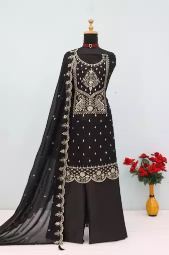Black crush georgette semi stitched wedding suits