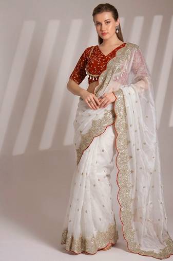 Designer fandy satin white heavy embroidery saree