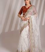 Designer fandy satin white heavy embroidery saree