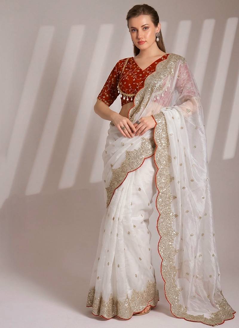 Designer fandy satin white heavy embroidery saree