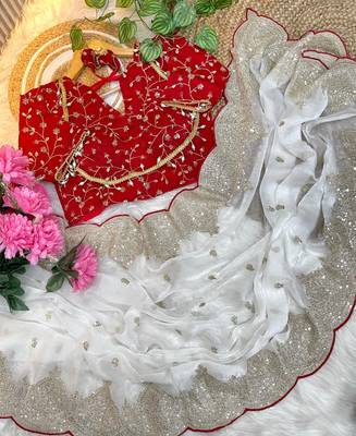 Designer fandy satin white heavy embroidery saree 2
