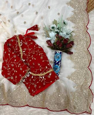 Designer fandy satin white heavy embroidery saree 4