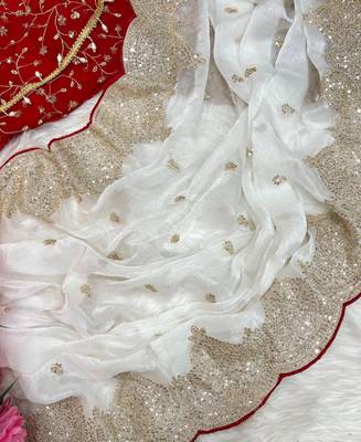 Designer fandy satin white heavy embroidery saree 5