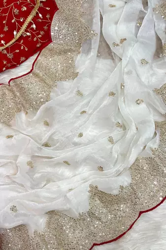 Designer fandy satin white heavy embroidery saree